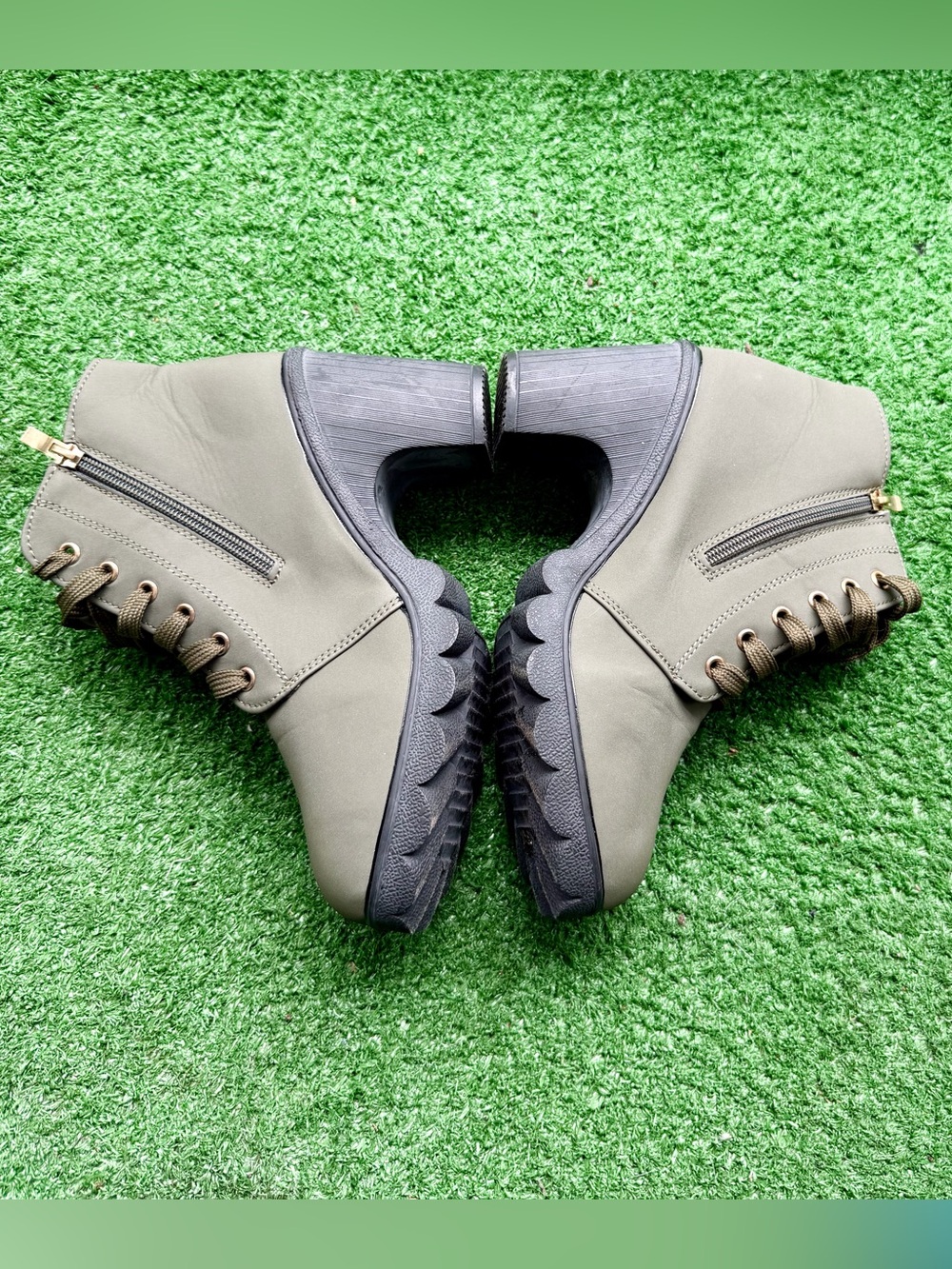 Olive Green Lace Up Platform Chunky Heel Ankle Boots Women's US 8 to 8.5